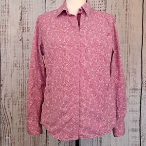 LL BEAN M Pink Floral Nylon Sport Shirt Roll Tab Sleeve Snap Buttons Vented Back